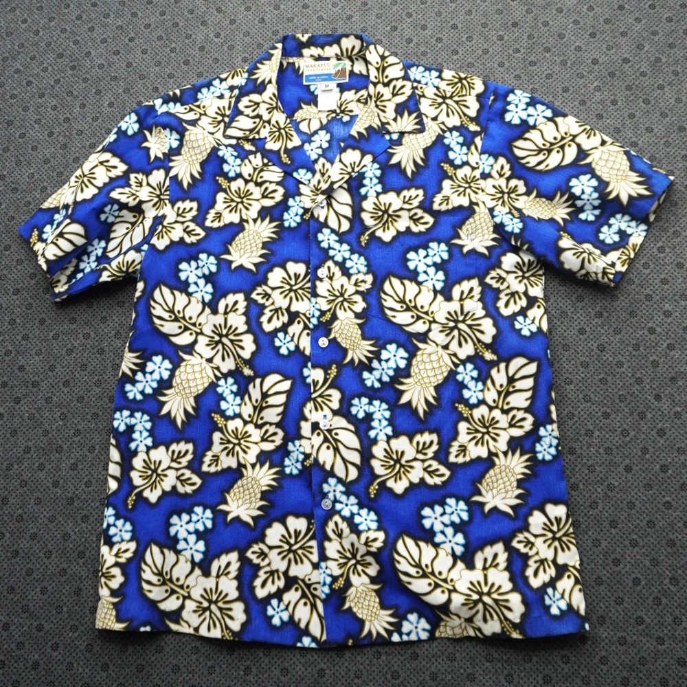 Makapuu Hawaiian Aloha Shirt Blue Pineapple Floral Print Size Medium - USA Made